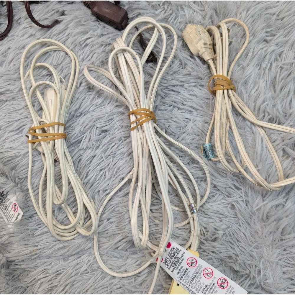 Lot of 8 Extension Cord White Brown of Varying Lengths & Sizes 2 Prong